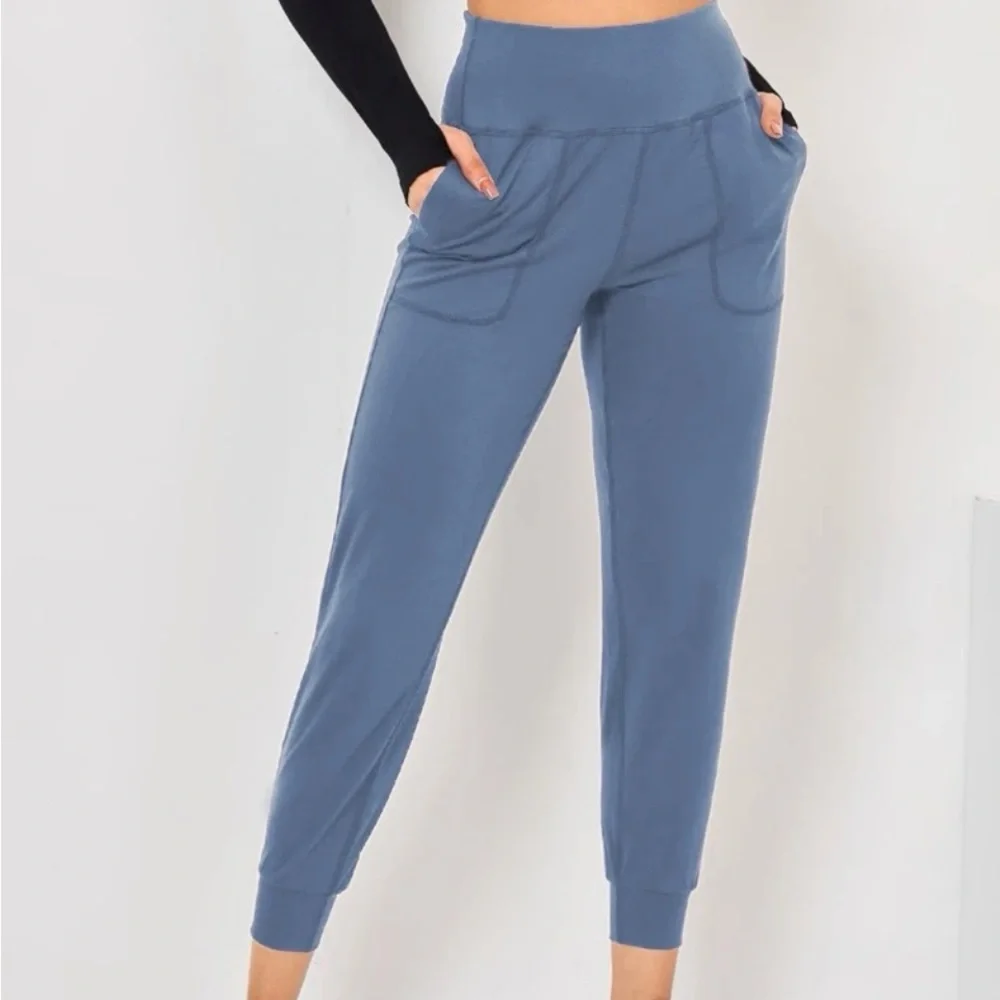 SHEIN breathable softness wide waistband slant pocket sport pants leggings blue - Picture 1 of 6